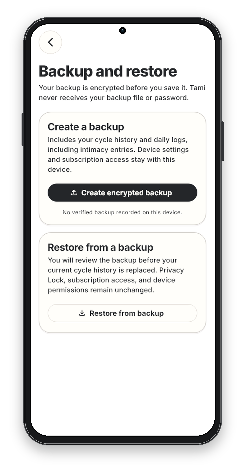 Tami Backup and restore screen explaining password-encrypted manual backups