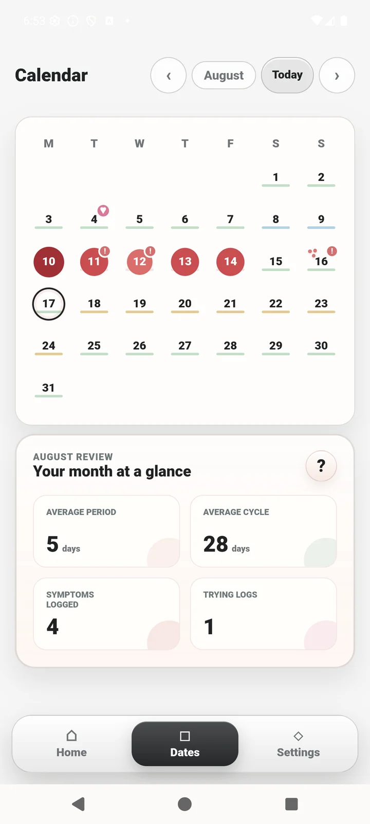 Tami August calendar showing spotting, symptoms, trying entries, confirmed period dates, and future estimates