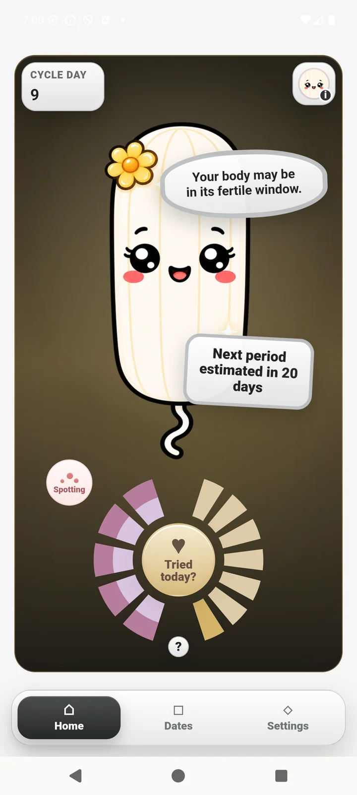 Tami screen showing an estimated cycle phase
