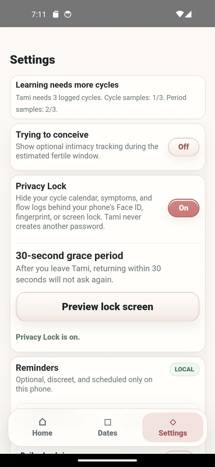 Tami Settings screen showing Privacy Lock switched on and local reminders